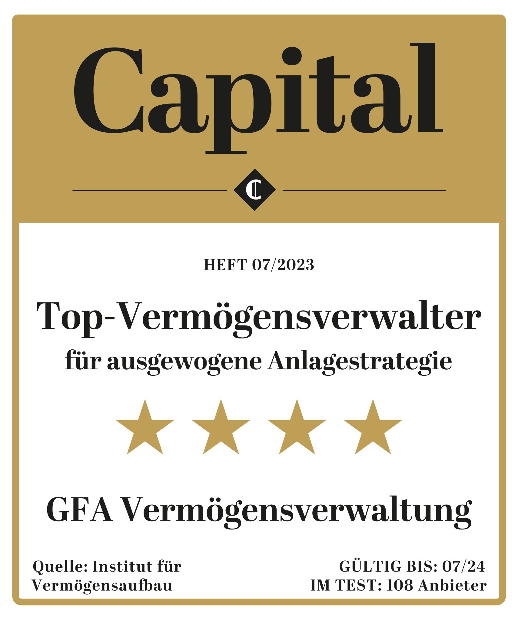 Siegel der Wirtschaftsmagazin Capital für die GFA als Top-Vermögensverwaltung